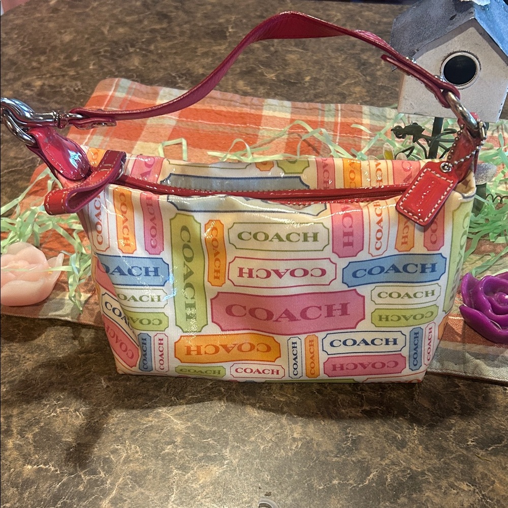 Coach Y2K vintage mini Multicolor Logo Print Shoulder Pouch with Pink Trim